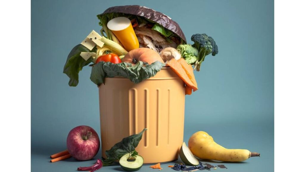 Photo of many foods and vegetables in dustbin referencing not to waste food. Sustainable Living Solutions, Everyday Action. #sustainablelivingblogs #ecofriendlyliving #wecareearth 