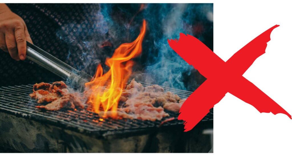 Image referencing Don't grill meat by Canva. 
Blog Post on The Talk on Meat Sustainability - Chicken, Cow or Goat? #sustainablemeat #sustainablechickenmeat #sustainablecowmeat #sustainablegoatmeat #ecofriendlymeat #meatsustainability #emissionofmeat #wecareearth 