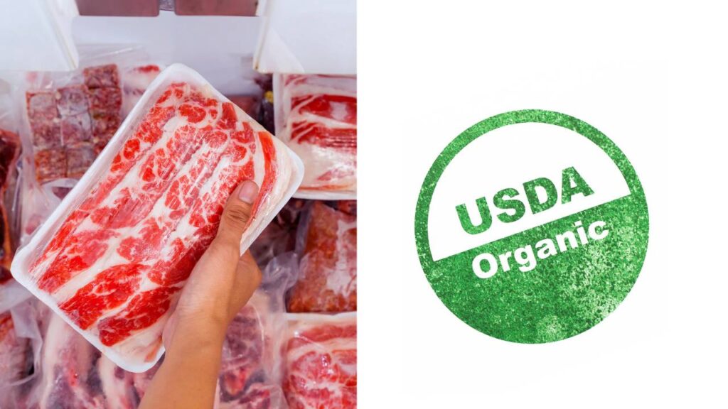 Image of USDA organic certified Meat. 
Blog Post on The Talk on Meat Sustainability - Chicken, Cow or Goat? #sustainablemeat #sustainablechickenmeat #sustainablecowmeat #sustainablegoatmeat #ecofriendlymeat #meatsustainability #emissionofmeat #wecareearth 