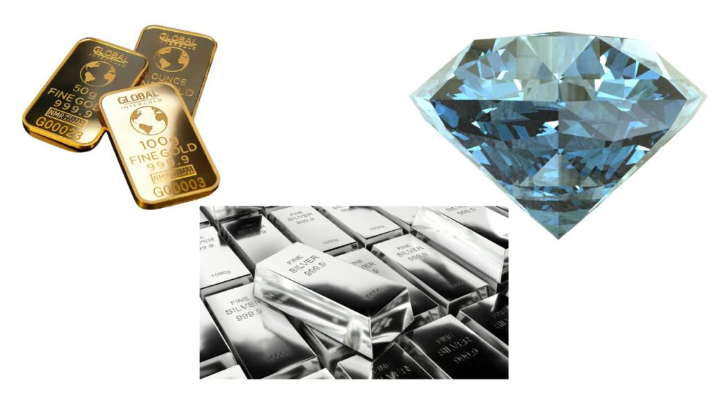 Image of Gold, Silver & Diamond. 
Blog on "Is Gold Sustainable? Shocking Truths!" 
#conflictfreeminerals #fairtrademinerals #sustainableminerals #recycledgold 