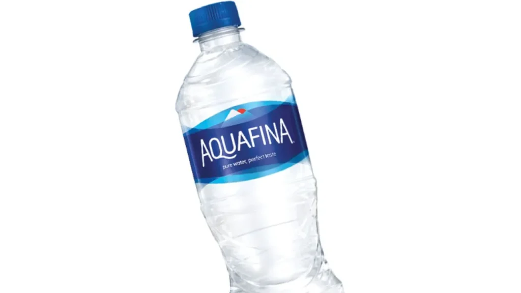 A bottle of Aquafina. The label highlights Pure water, Perfect taste. 