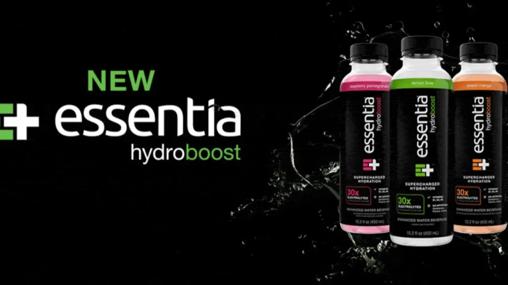 A bottle of essentia hydroboost water. The label highlights Supercharged Hydration & 30X Electrolytes. 