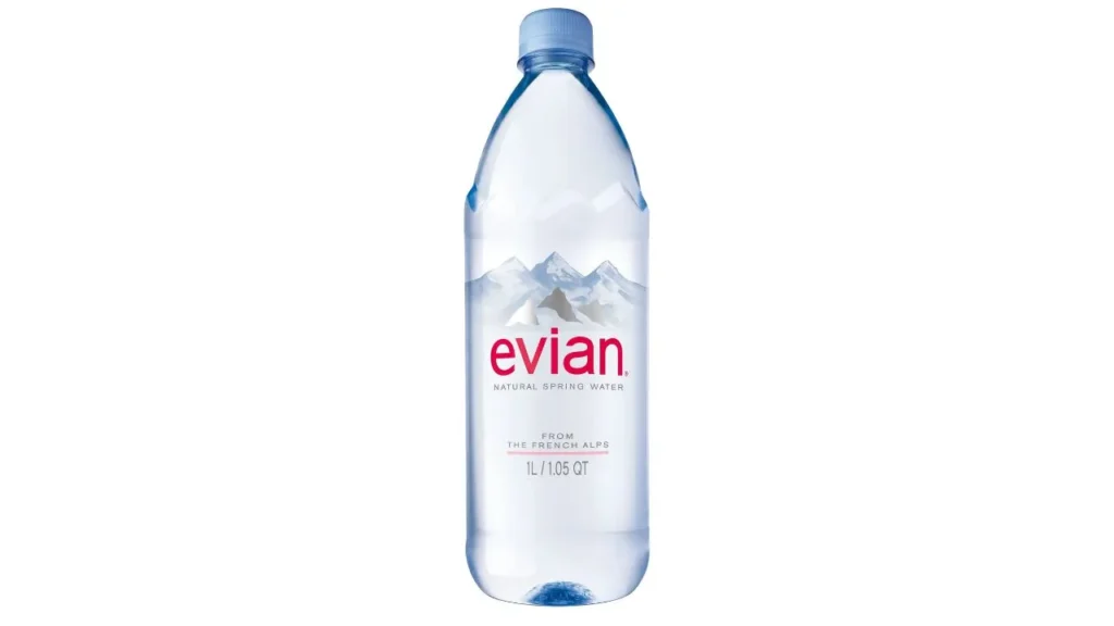 A bottle of evian Natural spring water. The label highlights From the French Alps - 1L/1.05QT