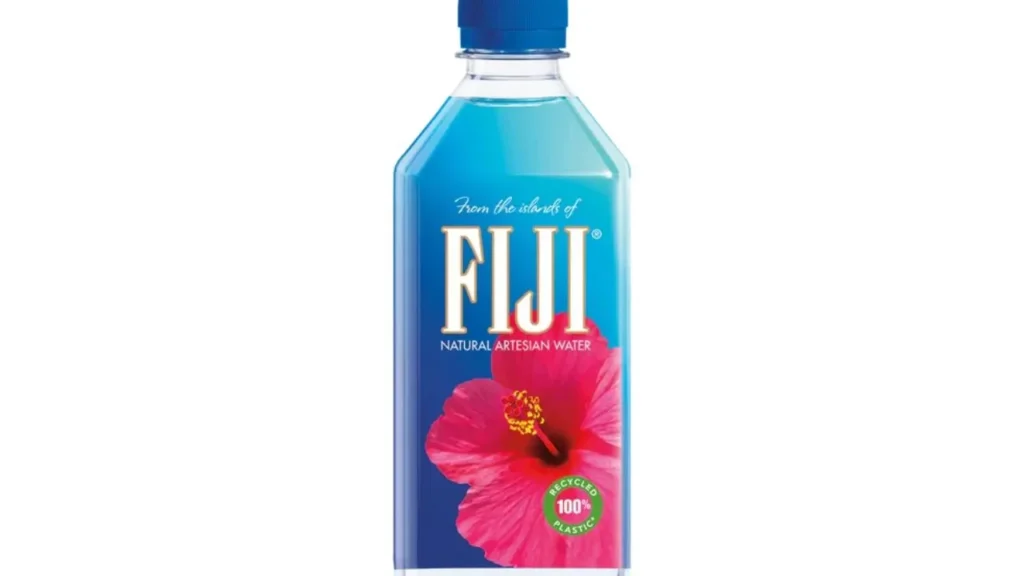 A bottle of Fiji water. The label highlights Natural Artesian Water. 