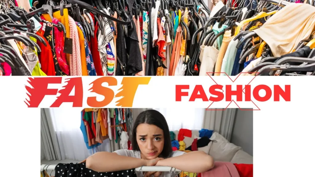 Many clothes - Fast fashion written in the center - A girl in the bottom not happy with all fast fashion clothes. 