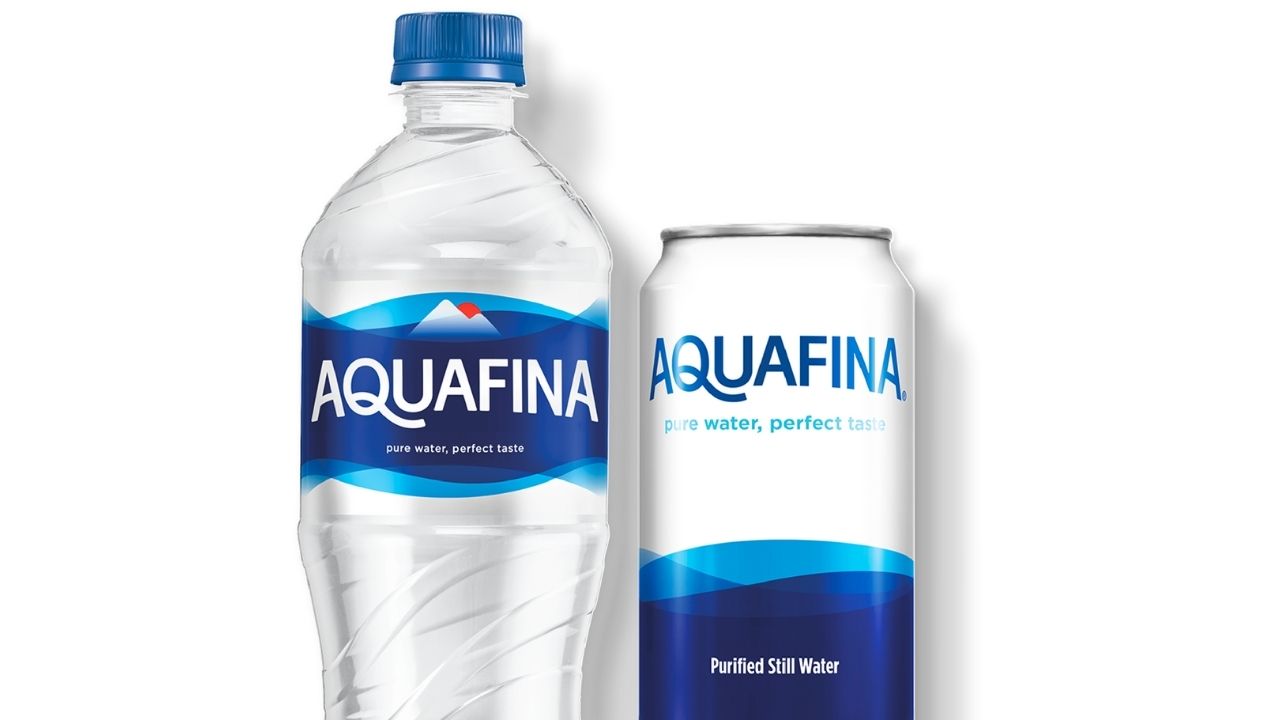 A bottle of Aquafina. The label highlights Pure water, Perfect taste. 