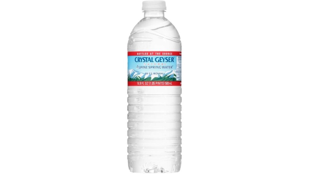 A bottle of Crystal Geyser. The label highlights Natural Alpine Spring Water. 