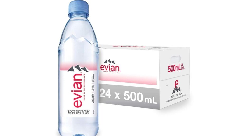 A bottle of evian Natural spring water. The label highlights From the French Alps - 1L/1.05QT